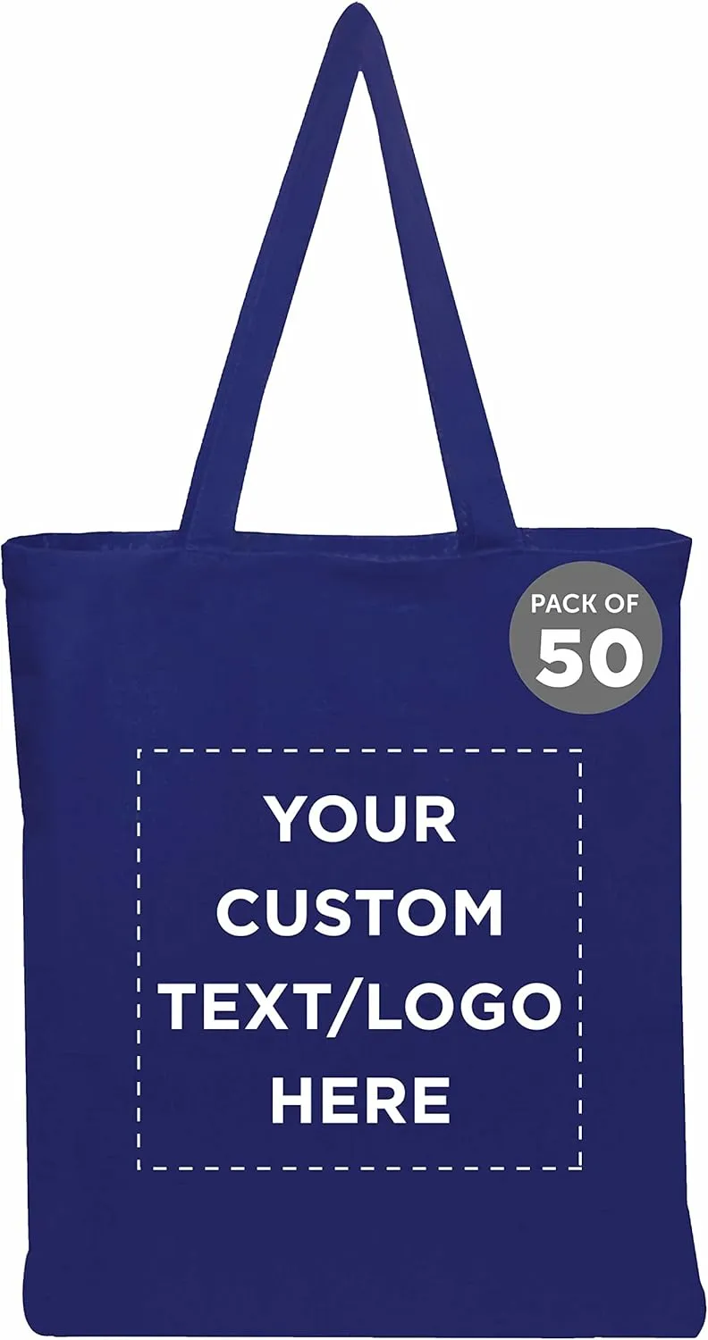 DISCOUNT PROMOS Custom Cotton Canvas Tote Bags Set of 50, Personalized Bulk Pack - Reusable, Great for Shopping, Grocery, Beach, Picnic, Wedding Favors - Royal Blue