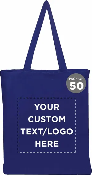 DISCOUNT PROMOS Custom Cotton Canvas Tote Bags Set of 50, Personalized Bulk Pack - Reusable, Great for Shopping, Grocery, Beach, Picnic, Wedding Favors - Royal Blue