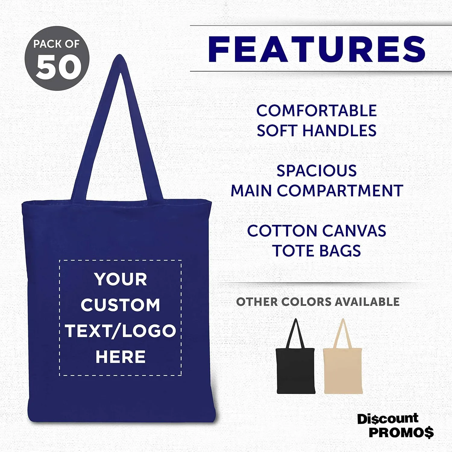 DISCOUNT PROMOS Custom Cotton Canvas Tote Bags Set of 50, Personalized Bulk Pack - Reusable, Great for Shopping, Grocery, Beach, Picnic, Wedding Favors - Royal Blue