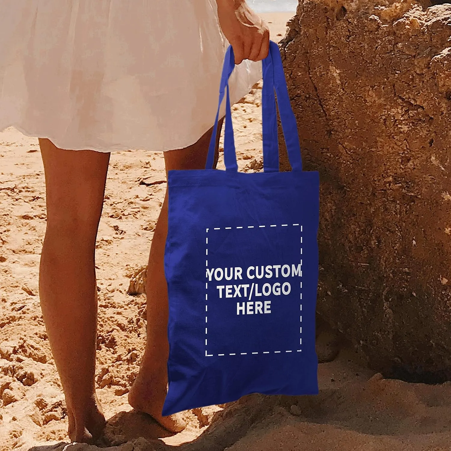 DISCOUNT PROMOS Custom Cotton Canvas Tote Bags Set of 50, Personalized Bulk Pack - Reusable, Great for Shopping, Grocery, Beach, Picnic, Wedding Favors - Royal Blue