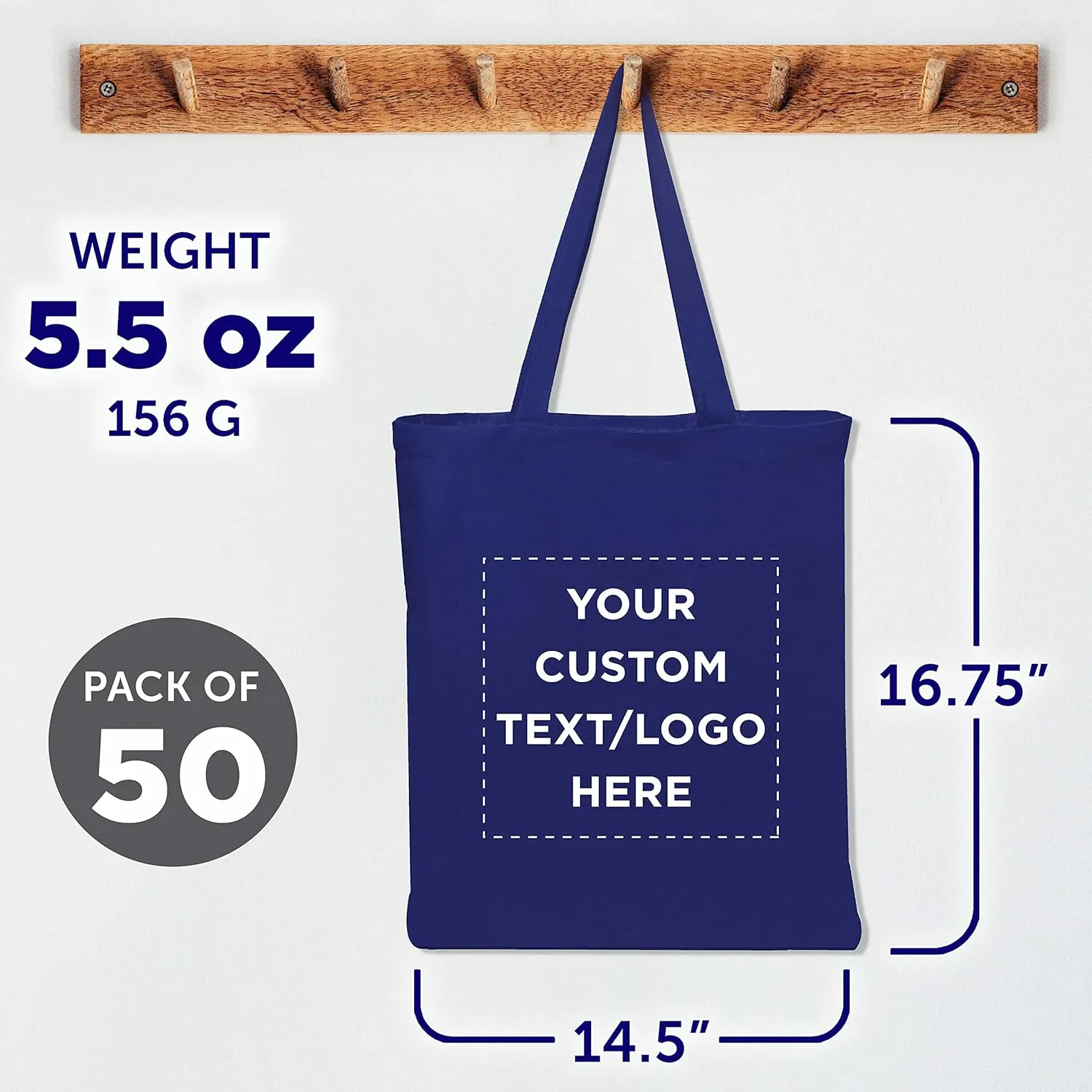 DISCOUNT PROMOS Custom Cotton Canvas Tote Bags Set of 50, Personalized Bulk Pack - Reusable, Great for Shopping, Grocery, Beach, Picnic, Wedding Favors - Royal Blue