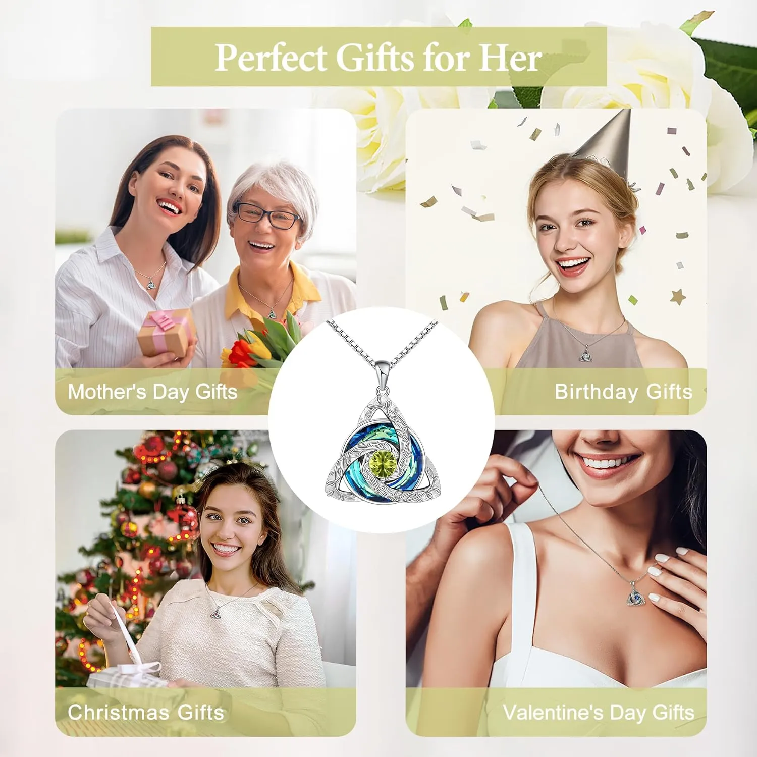 Distance Celtic Birthstone Necklace for Women, 925 Sterling Silver Trinity Knot Triquetra Austria Crystal Pendant, Birthstone Necklace Birthday Mother's Day Irish Scottish Gifts for Her