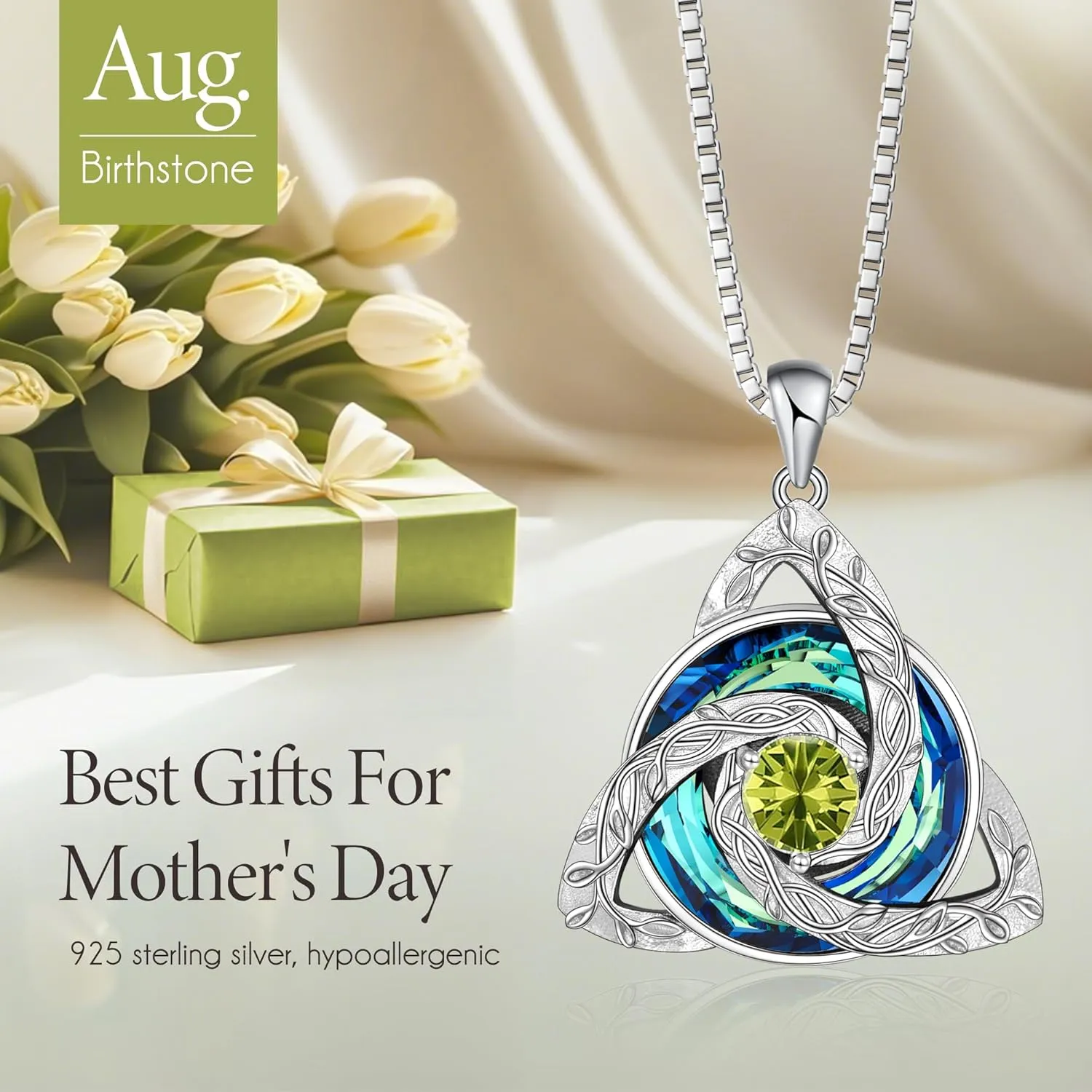 Distance Celtic Birthstone Necklace for Women, 925 Sterling Silver Trinity Knot Triquetra Austria Crystal Pendant, Birthstone Necklace Birthday Mother's Day Irish Scottish Gifts for Her