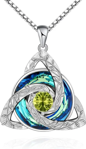Distance Celtic Birthstone Necklace for Women, 925 Sterling Silver Trinity Knot Triquetra Austria Crystal Pendant, Birthstone Necklace Birthday Mother's Day Irish Scottish Gifts for Her