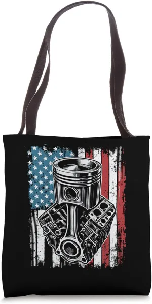 Distressed USA Flag Piston Muscle Car Auto Mechanics Tote Bag