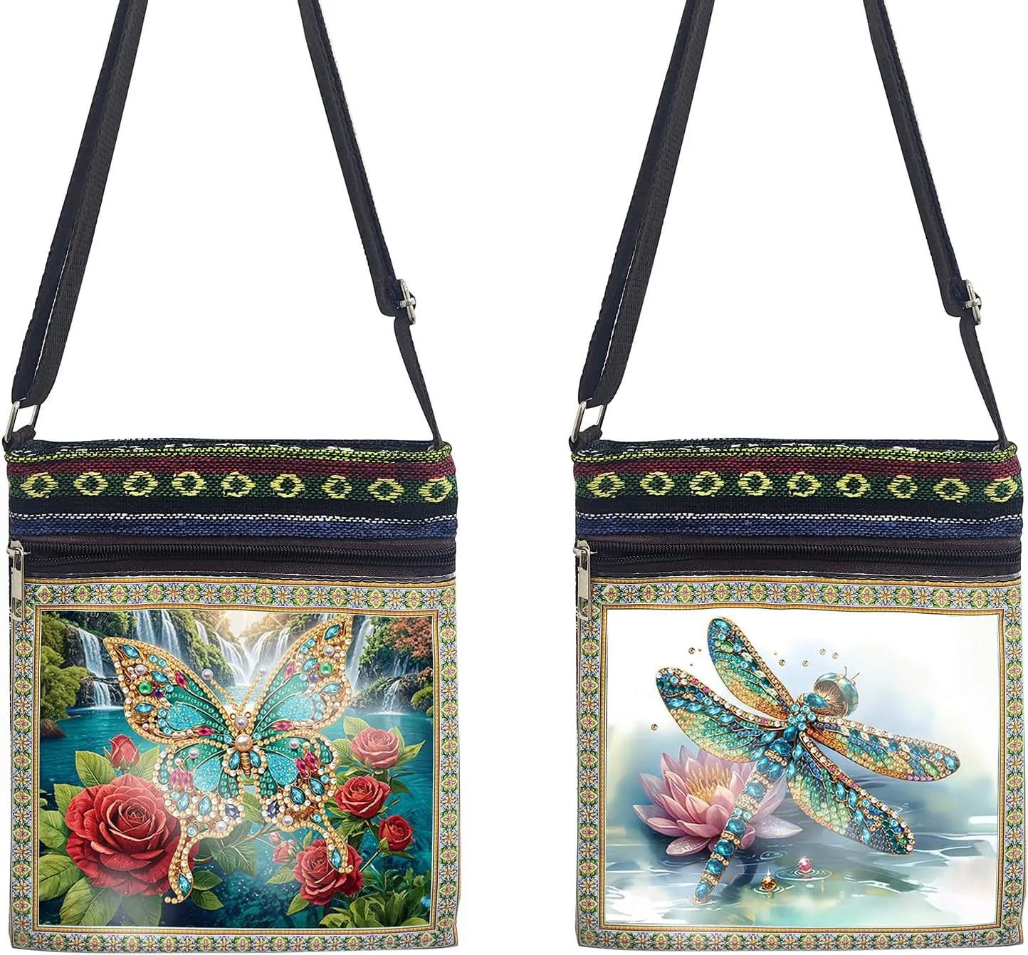 DIY Diamond Art Painting Crossbody Bag Canvas Ethnic Minority Style Unique Fashion Single Room Messenger Bag for Women-2PCS
