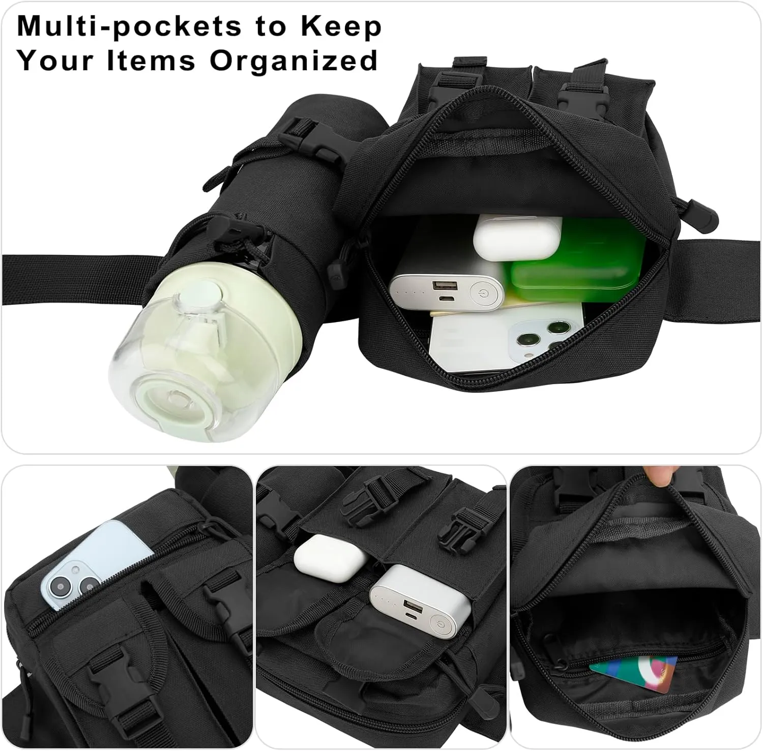 DOB SECHS Hiking Waist Bag with Detachable Water Bottle Holder and Adjustable Waist Belt Oxford Fanny Pack for Men Women Causal Belt Bag for Travel Outdoor Fishing Running Hiking Hunting,Black