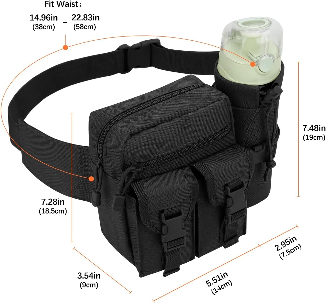 DOB SECHS Hiking Waist Bag with Detachable Water Bottle Holder and Adjustable Waist Belt Oxford Fanny Pack for Men Women Causal Belt Bag for Travel Outdoor Fishing Running Hiking Hunting,Black