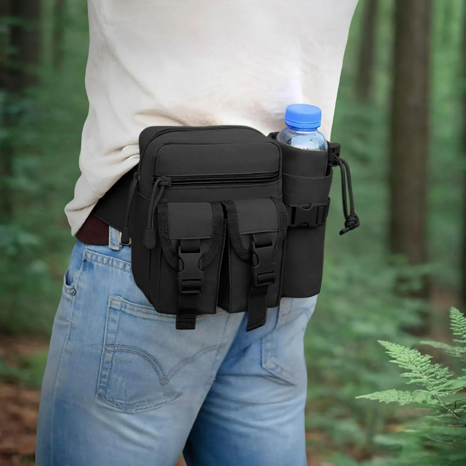 DOB SECHS Hiking Waist Bag with Detachable Water Bottle Holder and Adjustable Waist Belt Oxford Fanny Pack for Men Women Causal Belt Bag for Travel Outdoor Fishing Running Hiking Hunting,Black
