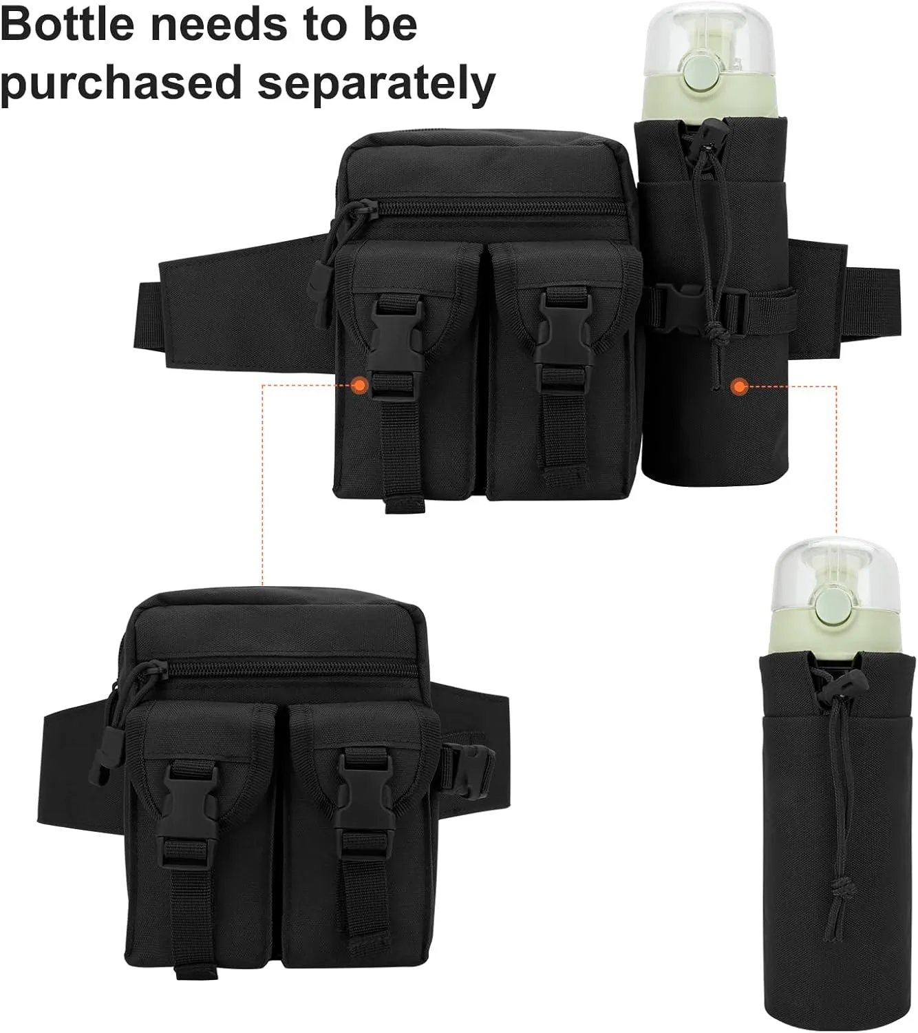 DOB SECHS Hiking Waist Bag with Detachable Water Bottle Holder and Adjustable Waist Belt Oxford Fanny Pack for Men Women Causal Belt Bag for Travel Outdoor Fishing Running Hiking Hunting,Black