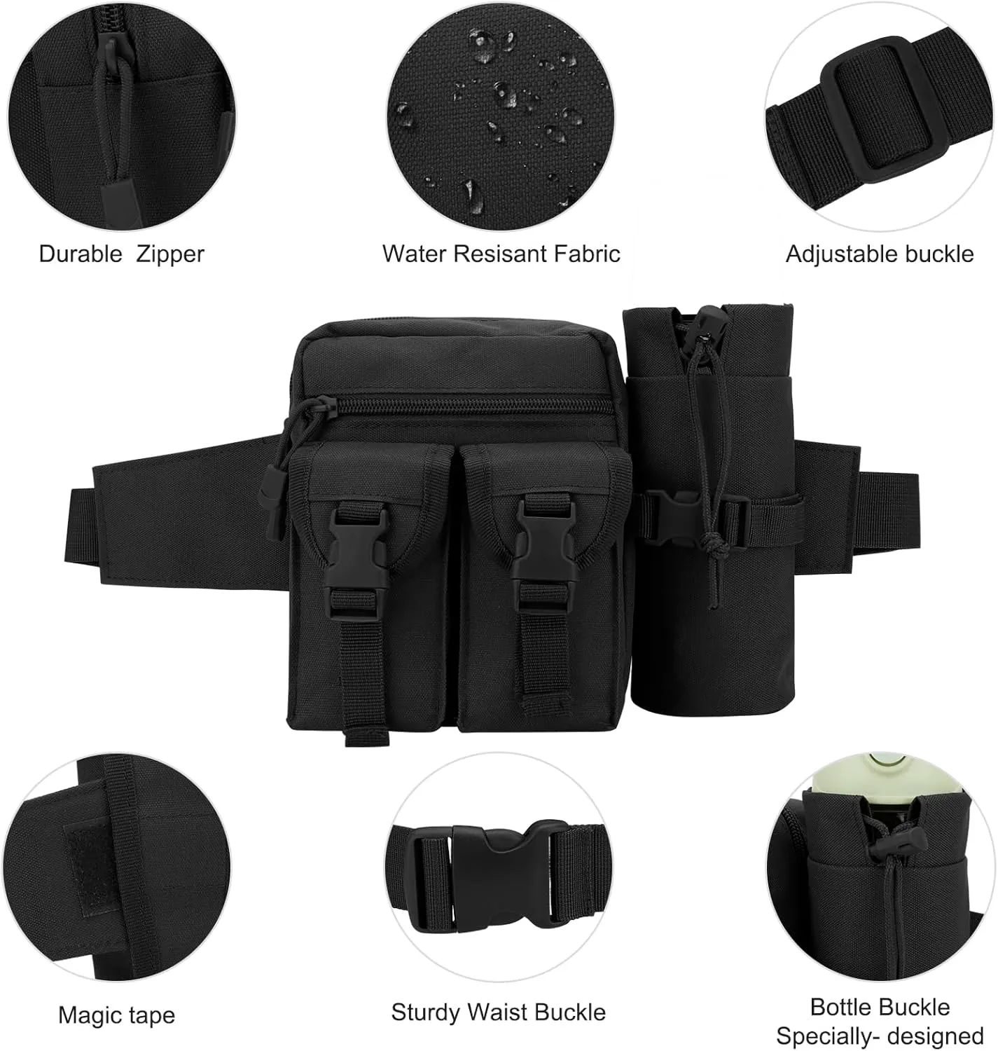 DOB SECHS Hiking Waist Bag with Detachable Water Bottle Holder and Adjustable Waist Belt Oxford Fanny Pack for Men Women Causal Belt Bag for Travel Outdoor Fishing Running Hiking Hunting,Black