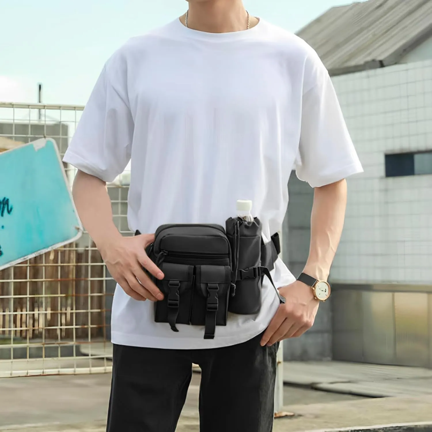 DOB SECHS Hiking Waist Bag with Detachable Water Bottle Holder and Adjustable Waist Belt Oxford Fanny Pack for Men Women Causal Belt Bag for Travel Outdoor Fishing Running Hiking Hunting,Black