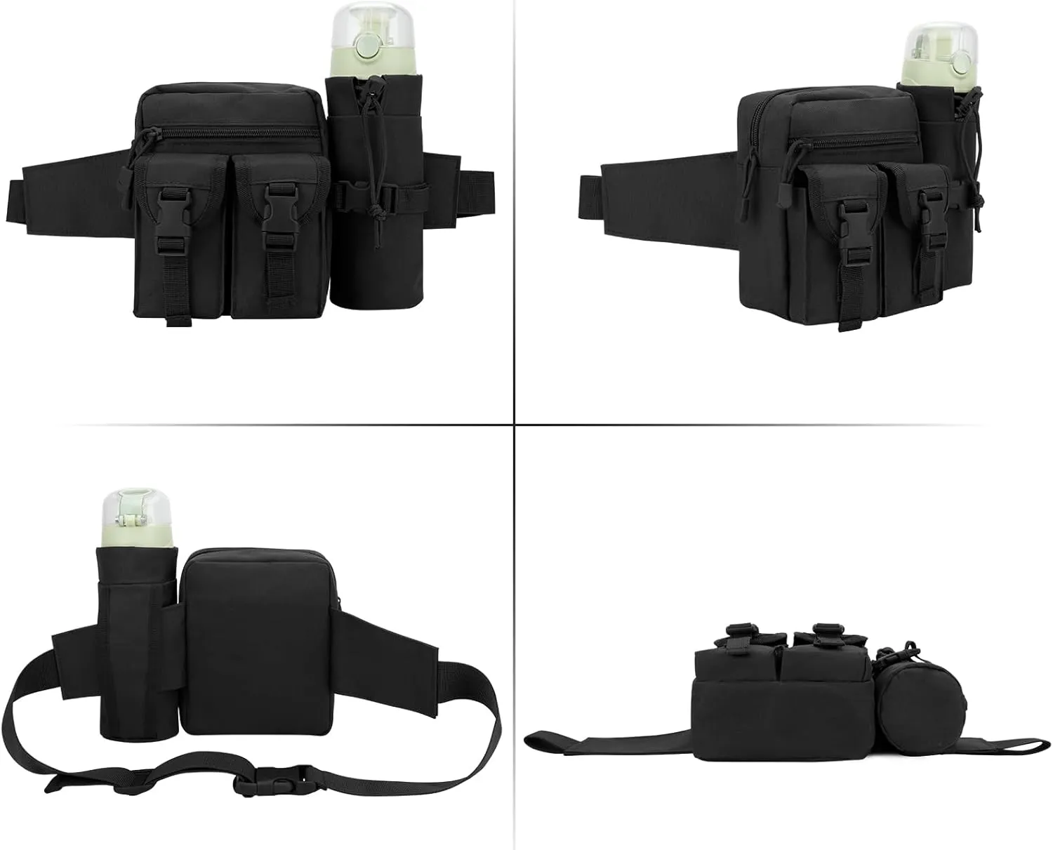 DOB SECHS Hiking Waist Bag with Detachable Water Bottle Holder and Adjustable Waist Belt Oxford Fanny Pack for Men Women Causal Belt Bag for Travel Outdoor Fishing Running Hiking Hunting,Black