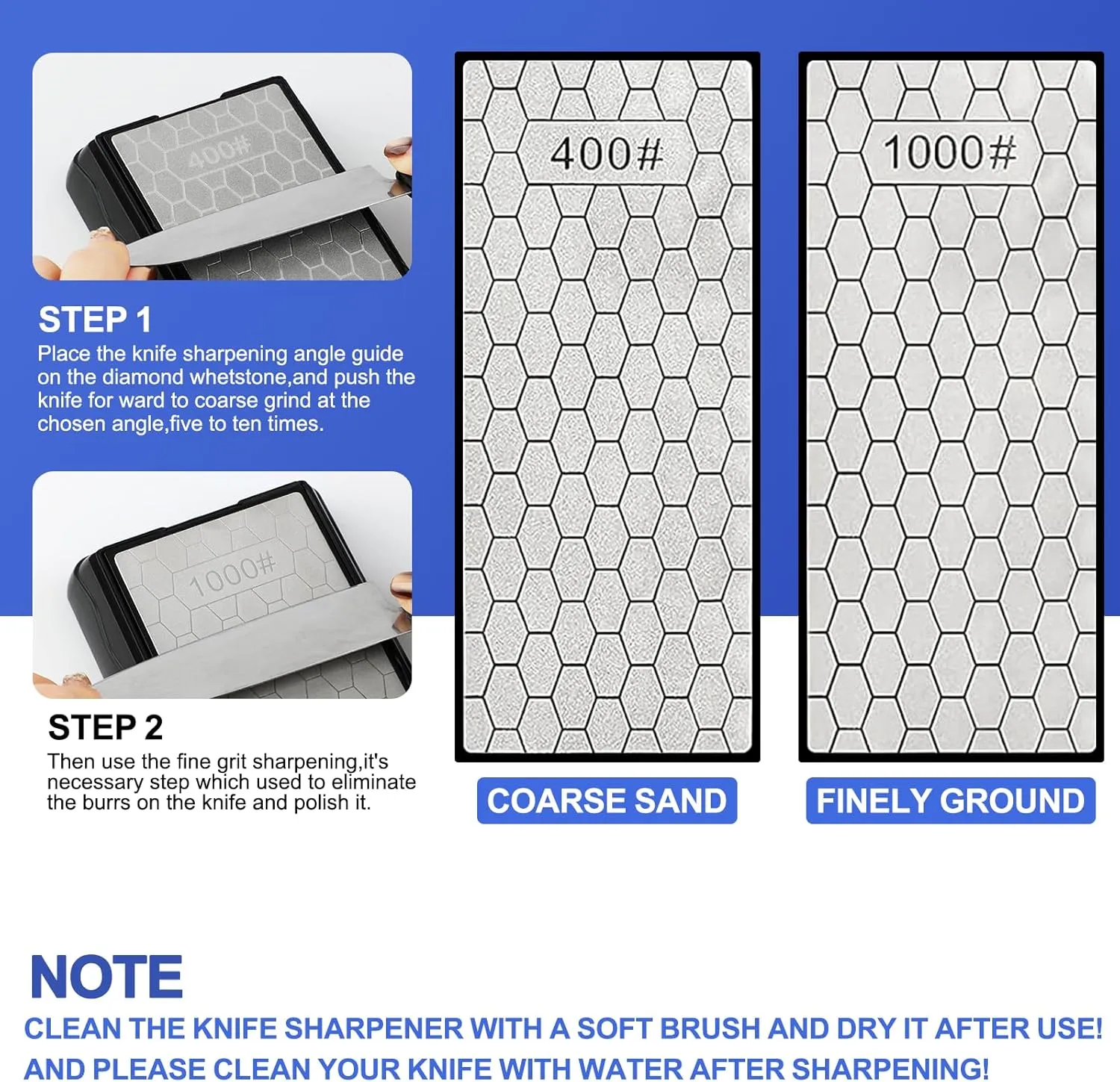Double-sided Diamond Sharpening Stone,Knife Sharpening Stone with Extra Fine 1000/Coarse 400 Grit Diamond Plate, Storage Case with Non-Slip Base & Angle Guide(7 x 3.5 Inch)