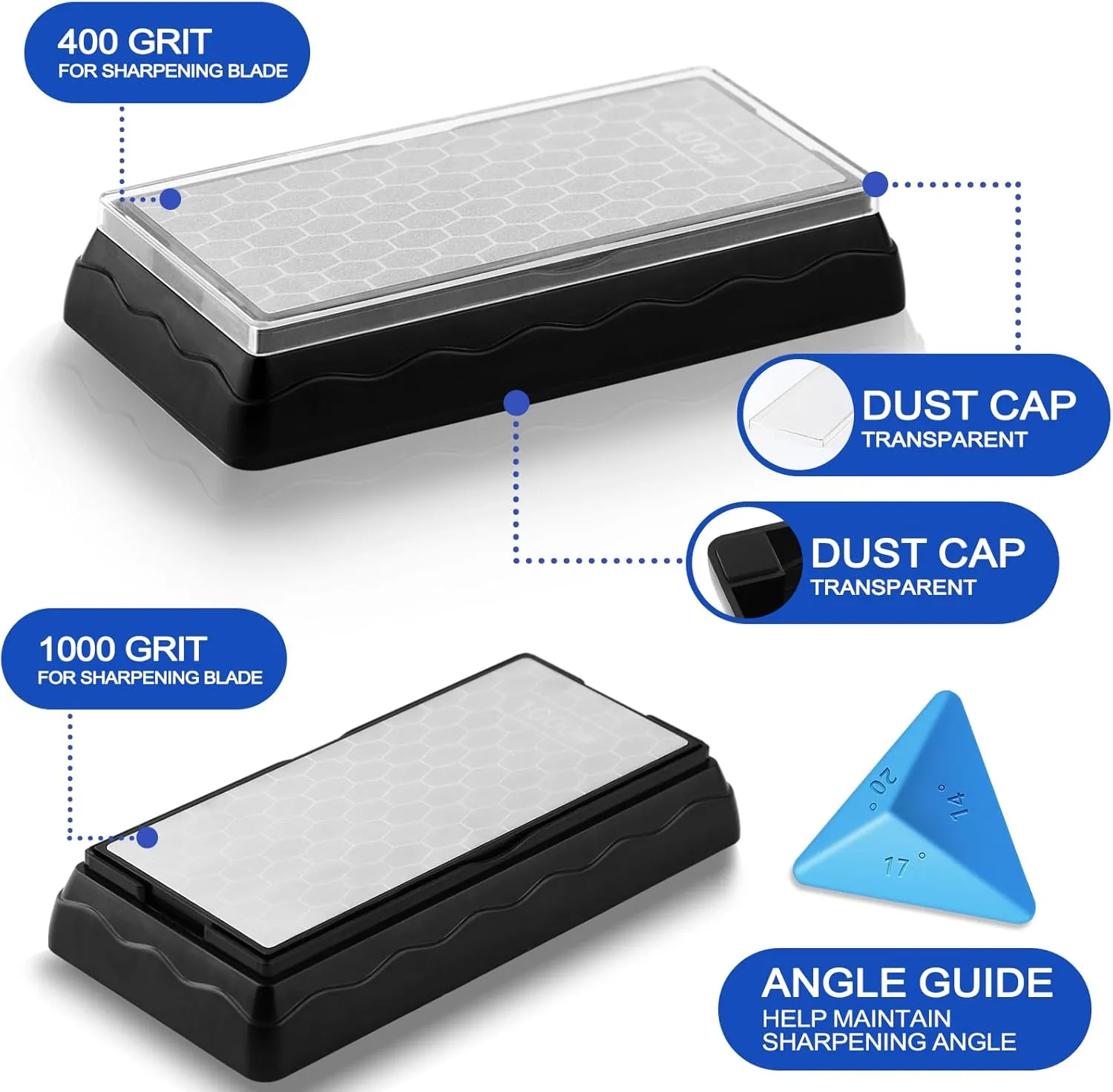 Double-sided Diamond Sharpening Stone,Knife Sharpening Stone with Extra Fine 1000/Coarse 400 Grit Diamond Plate, Storage Case with Non-Slip Base & Angle Guide(7 x 3.5 Inch)