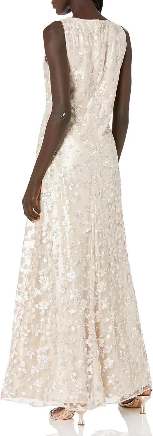 Dress the Population Women's Embellished Plunging Gown Sleeveless Floral Long Dress