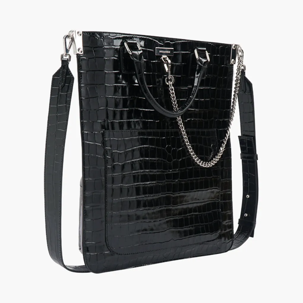 Dsquared2 Black Bag with Crocodile-Embossed Finish and Chain Detail