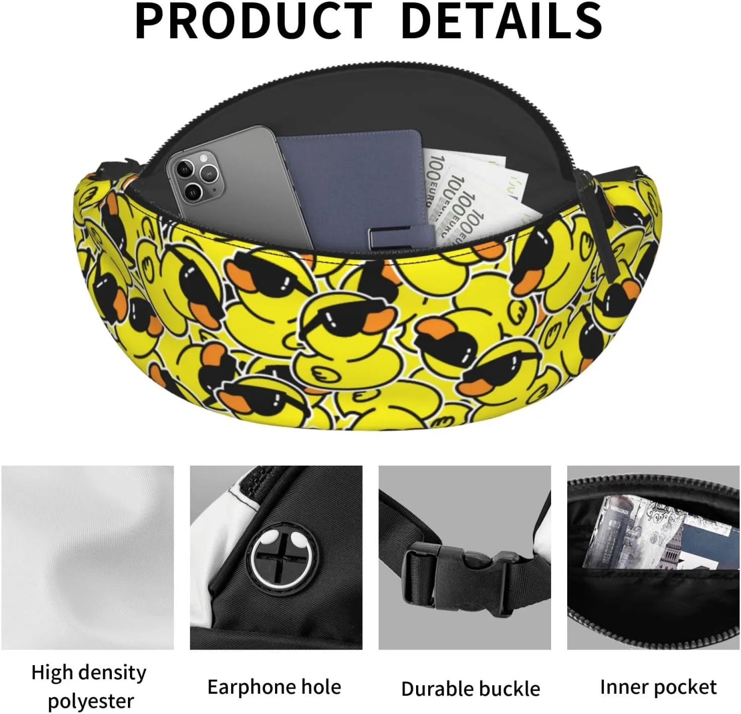 Duck sunglasses cool animal funny Fashion casual fanny pack waist bag men women adjustable belt waist bag for travel hiking cycling running festival carnival