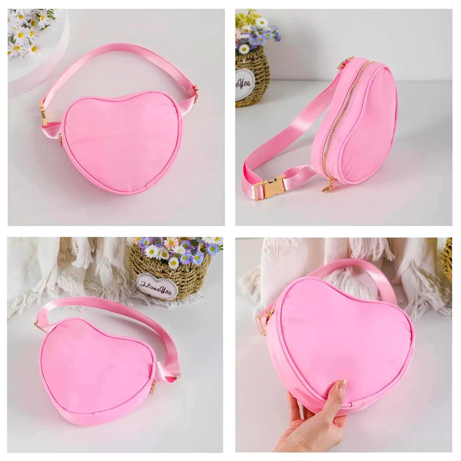 DYSHAYEN Heart Shaped Fanny Pack for Women,Nylon Mini Fashion Waist Pack CrossBody Everywhere Belt Bag （Pink）