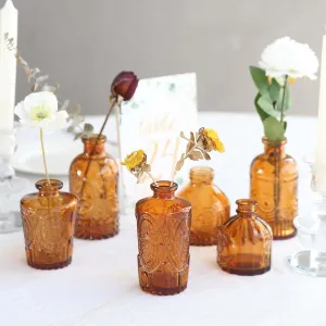 Efavormart Set of 6 Vintage Embossed Amber Gold Glass Bud Vases, Decorative Apothecary Style Reed Diffuser Table Centerpieces