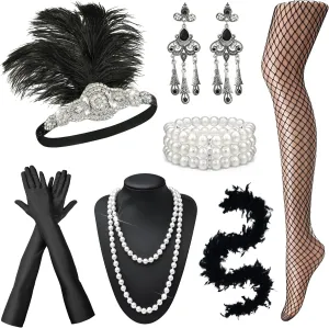 EIELO 1920s Great Gatsby Accessories Set for Women Headpiece Headband Flapper Roaring 20s Costume Accessories Black