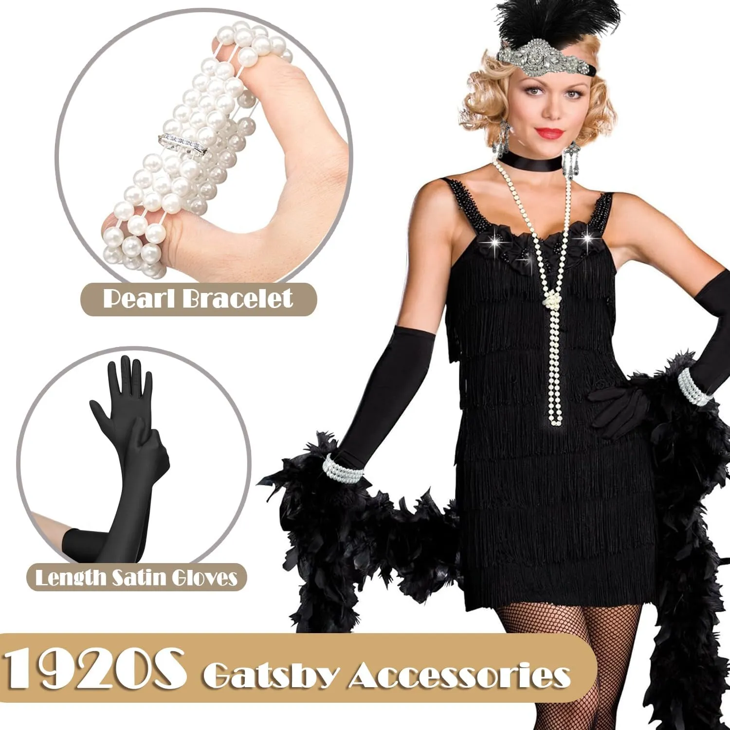 EIELO 1920s Great Gatsby Accessories Set for Women Headpiece Headband Flapper Roaring 20s Costume Accessories Black