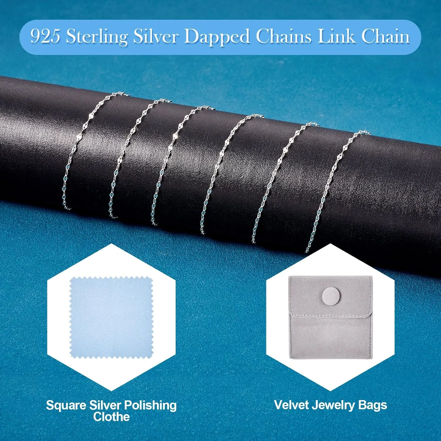 Elecrelive Sterling Silver Dapped Chains 3.28 Feet Permanent Jewelry Chains 2mm Fine Necklace Chains with Jewelry Cleaning Cloth Velvet Storage Bag for Men Women Jewelry Chain DIY Making