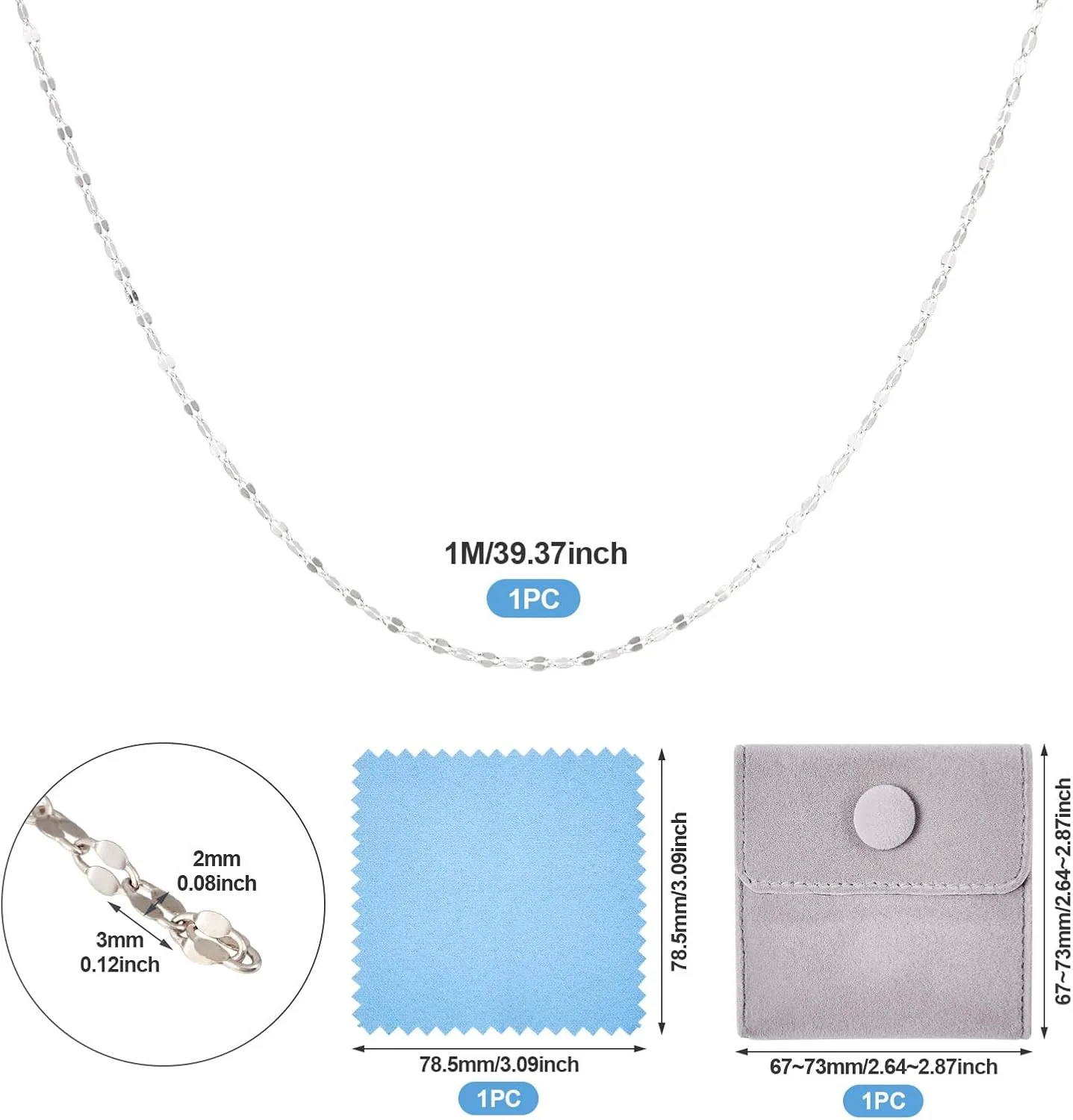 Elecrelive Sterling Silver Dapped Chains 3.28 Feet Permanent Jewelry Chains 2mm Fine Necklace Chains with Jewelry Cleaning Cloth Velvet Storage Bag for Men Women Jewelry Chain DIY Making