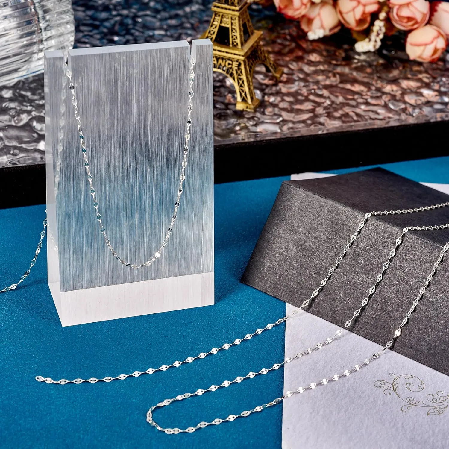 Elecrelive Sterling Silver Dapped Chains 3.28 Feet Permanent Jewelry Chains 2mm Fine Necklace Chains with Jewelry Cleaning Cloth Velvet Storage Bag for Men Women Jewelry Chain DIY Making