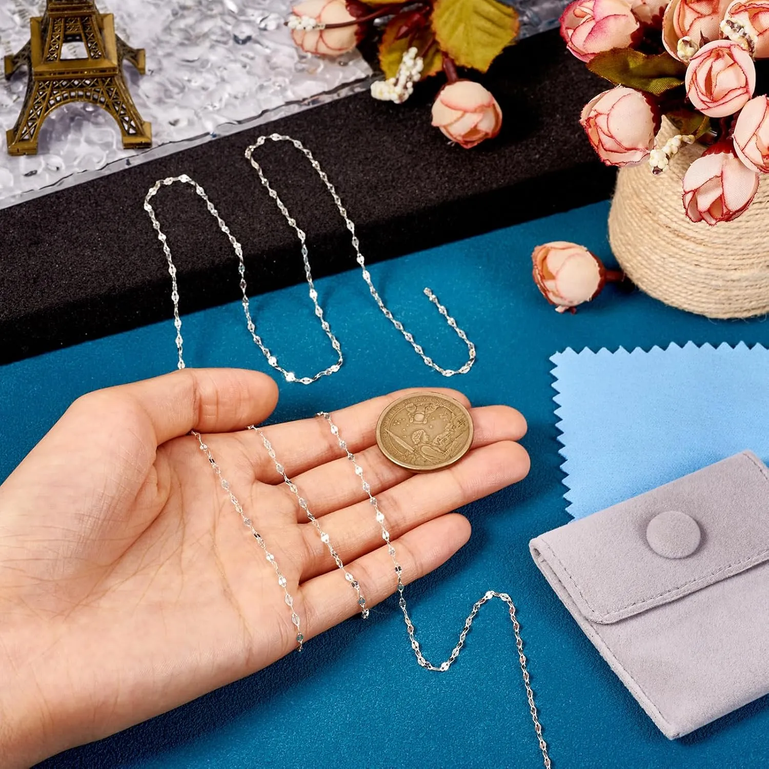 Elecrelive Sterling Silver Dapped Chains 3.28 Feet Permanent Jewelry Chains 2mm Fine Necklace Chains with Jewelry Cleaning Cloth Velvet Storage Bag for Men Women Jewelry Chain DIY Making