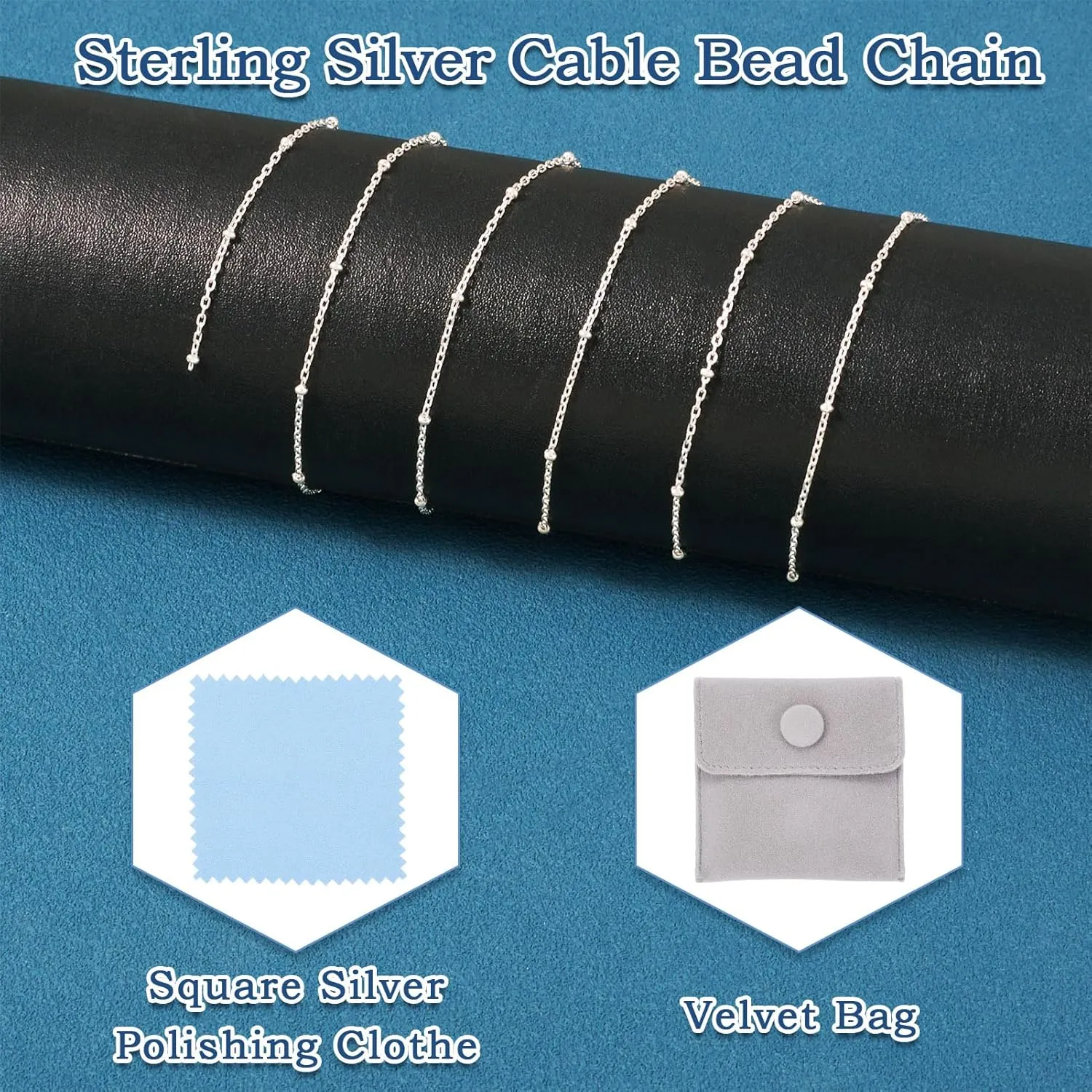Elecrelive Sterling Silver Satellite Chains 3.28 Feet Permanent Jewelry Chains 1.2mm Fine Necklace Chains with Jewelry Cleaning Cloth Velvet Storage Bag for Men Women Jewelry Chain DIY Making