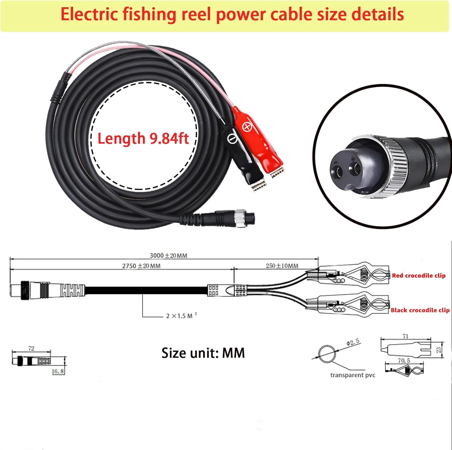 Electric Fishing Reel Line, 9.84Feet-18Feet Electric Fishing LineReel Power Cord is Compatible with Daiwa Tanacom 1000, Shimano, Seaborg 500MJ, BeastMaster, and ForceMaste.