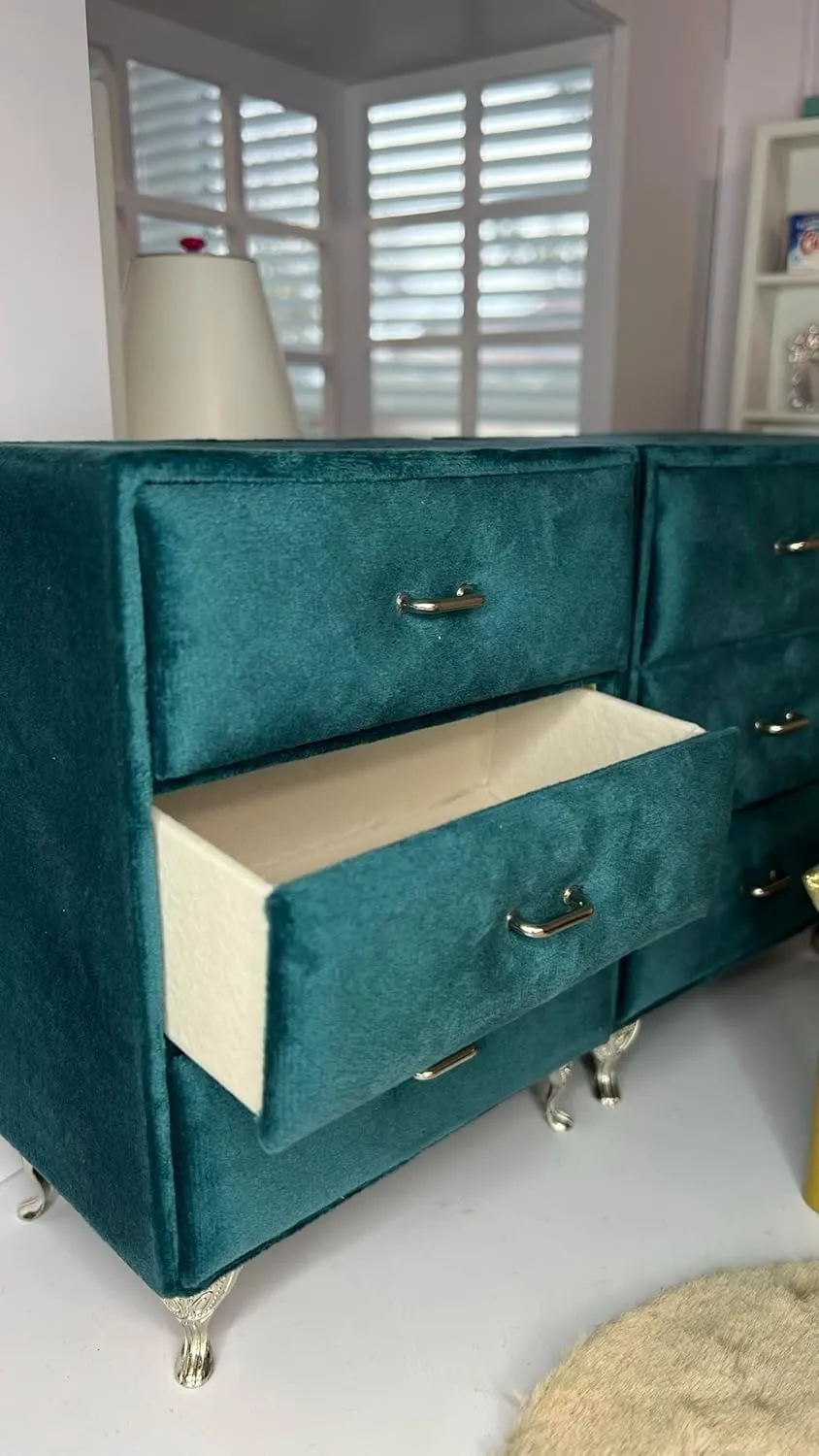 Eledoll 1:6 Dollhouse Furniture Peacock Green Velvet Dresser 3-Drawer Clothes Storage for 12" Fashion Doll 1/6 Scale Collectible Miniatures Storage (Green)