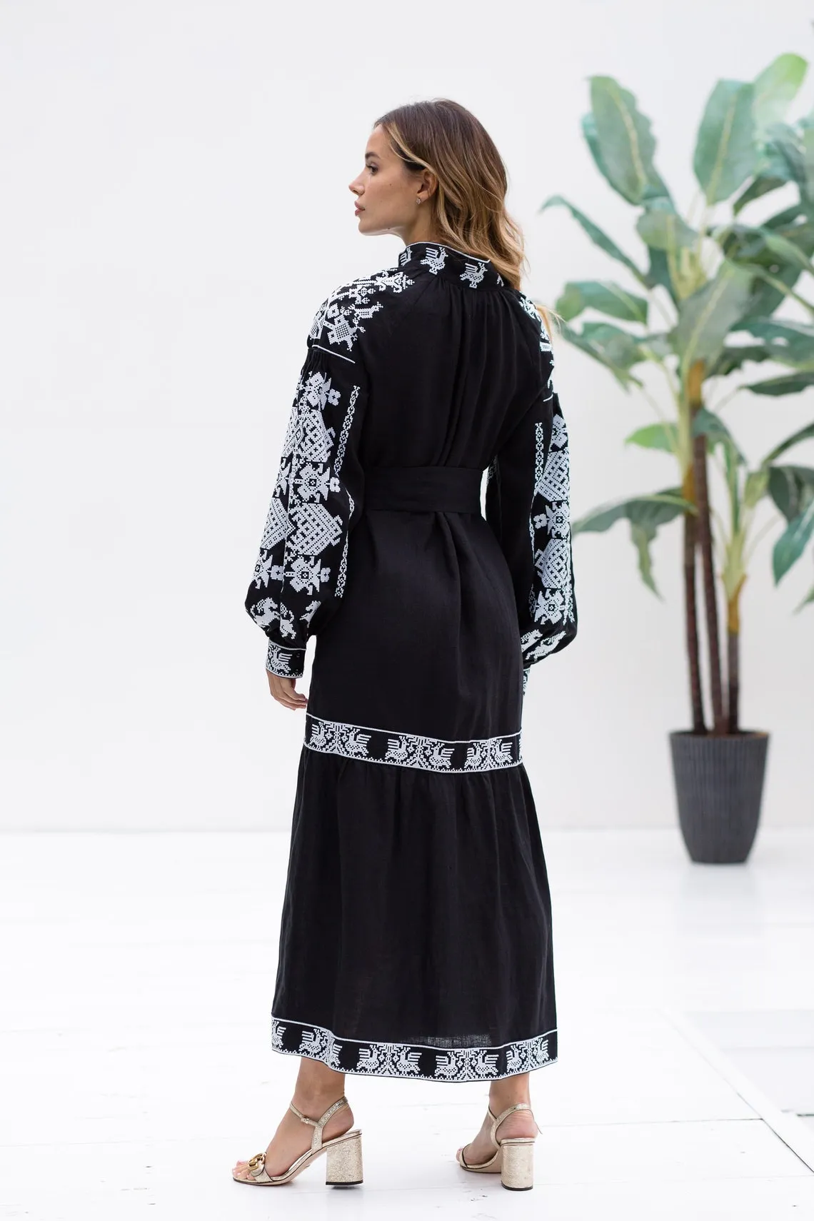 Elegant embroidered Black kaftan Vyshyvanka Bohemian holiday gown