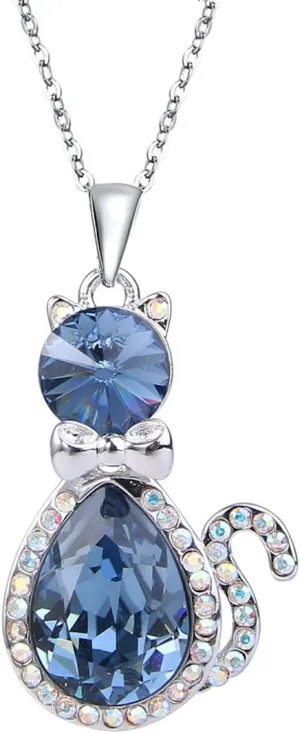 EleQueen Cat Necklace for Women, Women's Pendant Cute Kitty Teardrop Adorned with Austrian Crystal