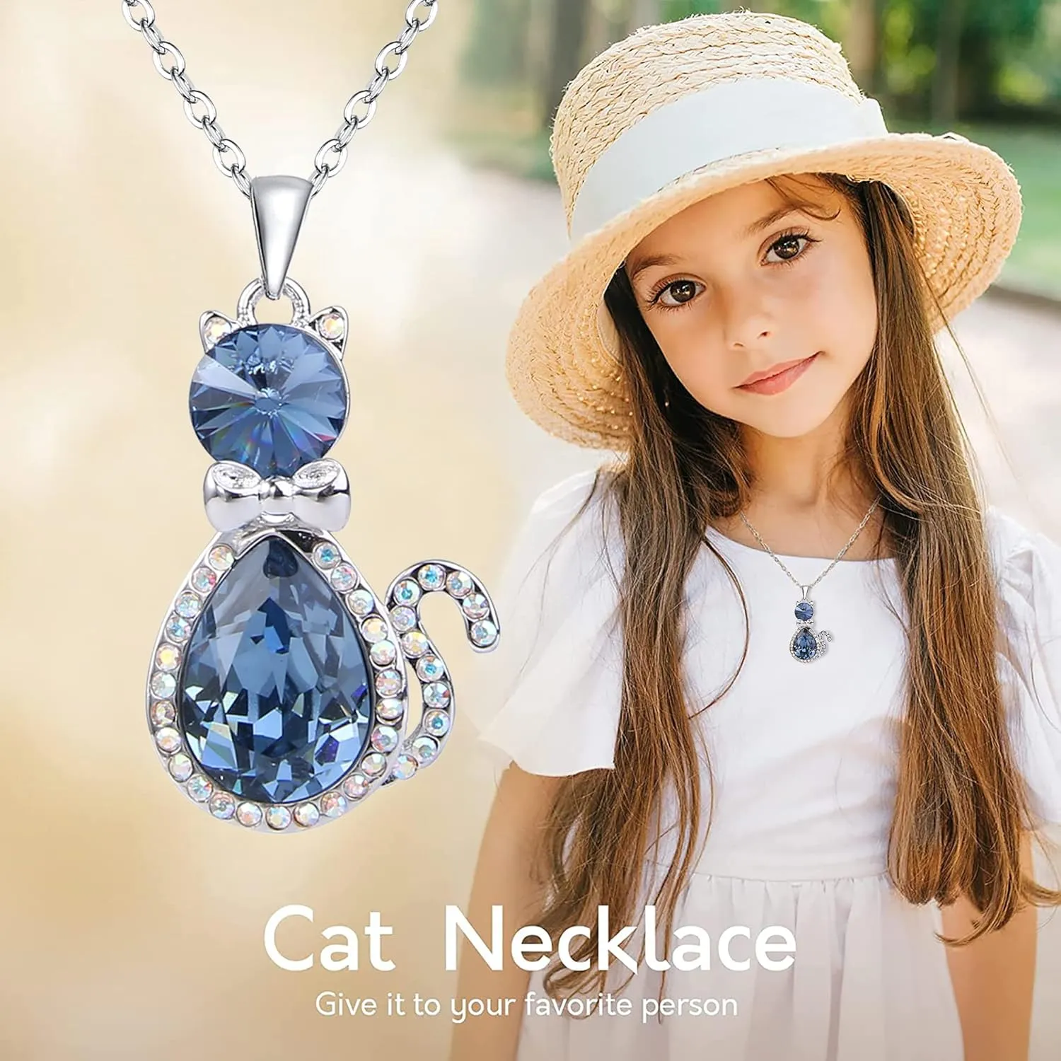 EleQueen Cat Necklace for Women, Women's Pendant Cute Kitty Teardrop Adorned with Austrian Crystal