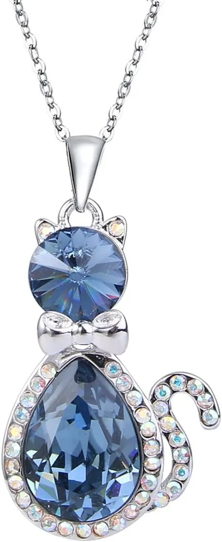 EleQueen Cat Necklace for Women, Women's Pendant Cute Kitty Teardrop Adorned with Austrian Crystal