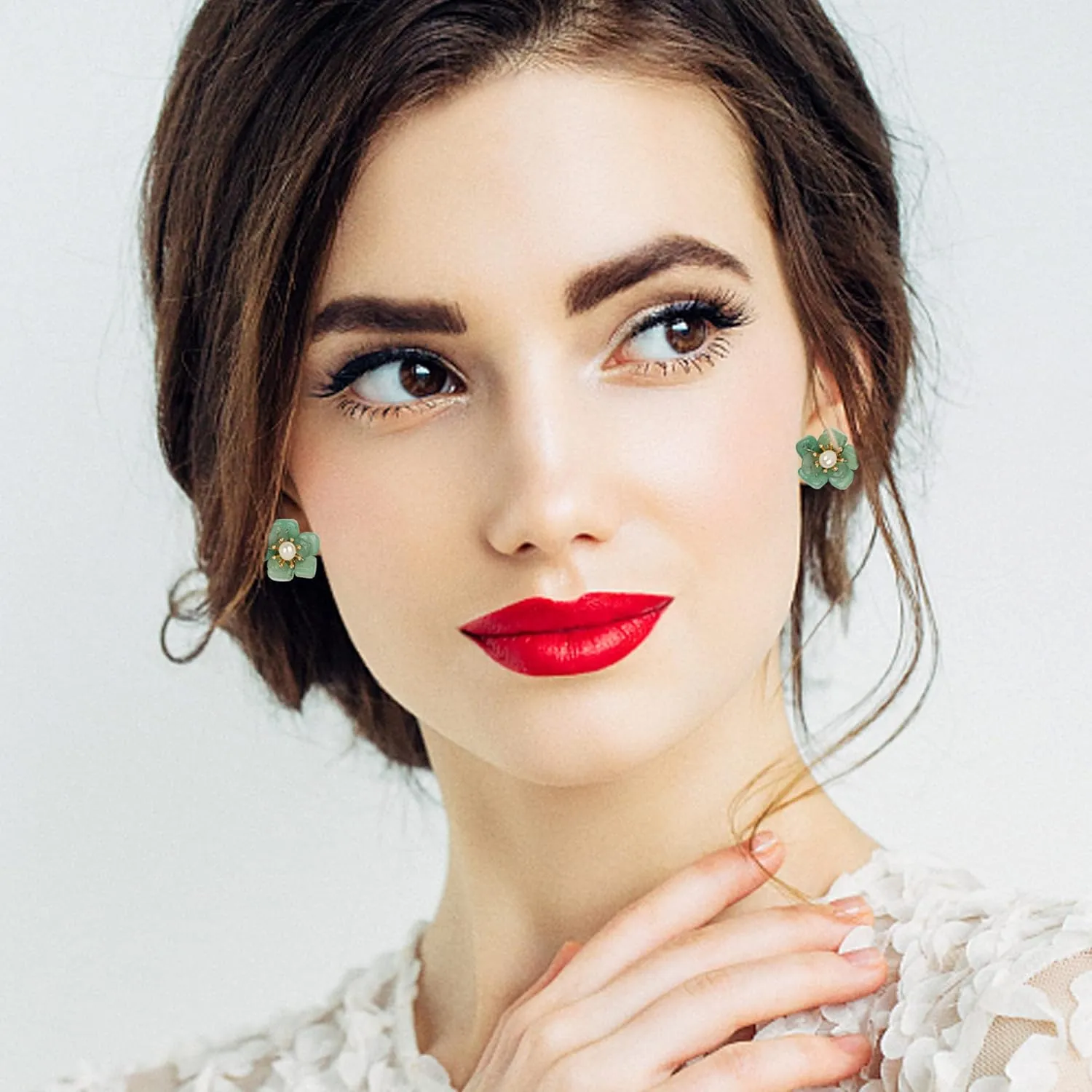 ELEXIS Green Real Jade Stud Earrings For Women Trendy Crystal Gemstone Betsey Johnson Unique Van Cleef Dainty Emerald Jewelry Set For Girls Bling Daisy… (Jade)