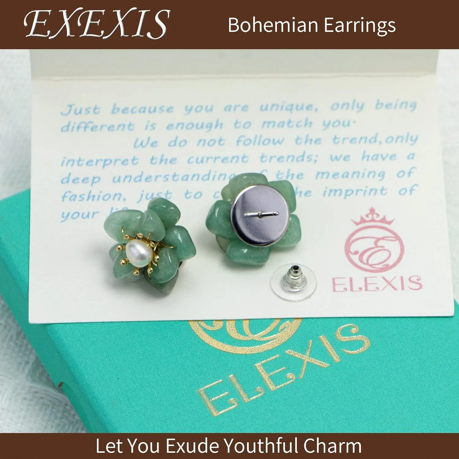 ELEXIS Green Real Jade Stud Earrings For Women Trendy Crystal Gemstone Betsey Johnson Unique Van Cleef Dainty Emerald Jewelry Set For Girls Bling Daisy… (Jade)