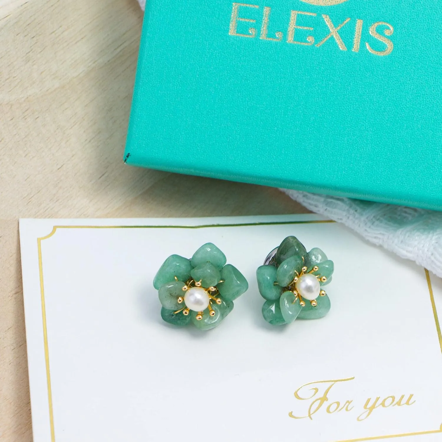 ELEXIS Green Real Jade Stud Earrings For Women Trendy Crystal Gemstone Betsey Johnson Unique Van Cleef Dainty Emerald Jewelry Set For Girls Bling Daisy… (Jade)