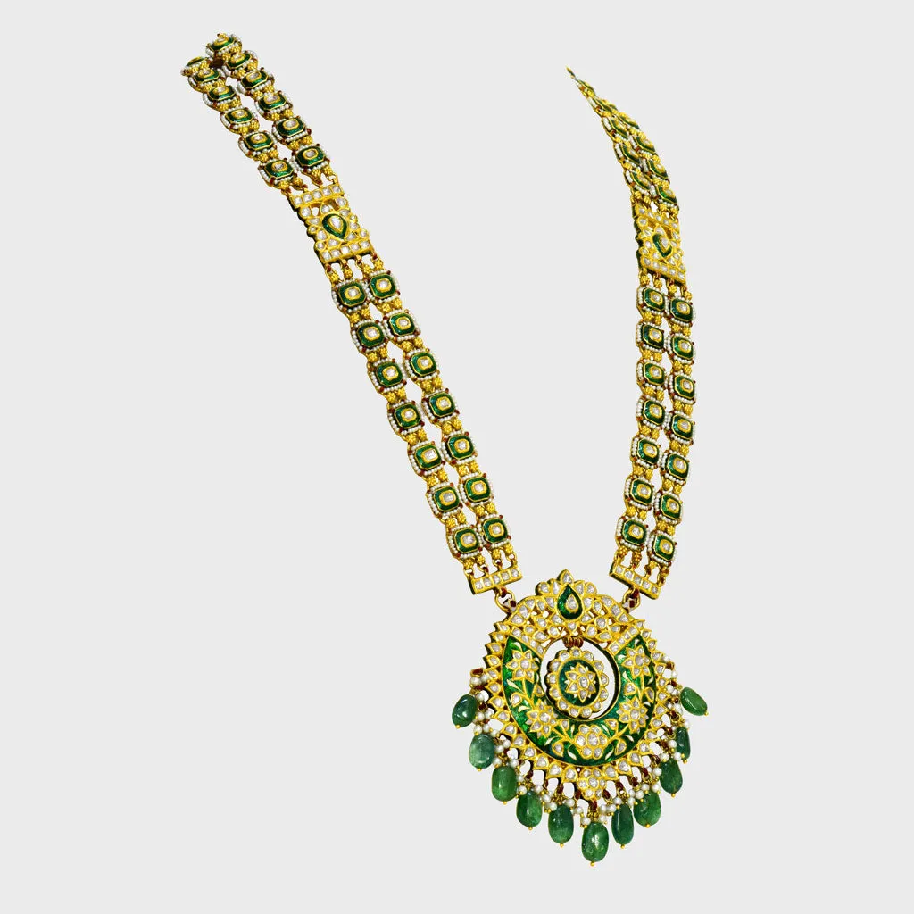 Embrace Tradition: Adorn yourself with our exquisite Green Enameled Rani Haar and Earring Pair - (KMNE3451)