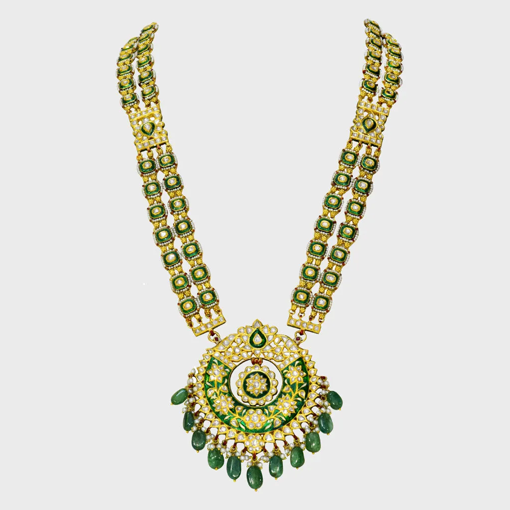 Embrace Tradition: Adorn yourself with our exquisite Green Enameled Rani Haar and Earring Pair - (KMNE3451)