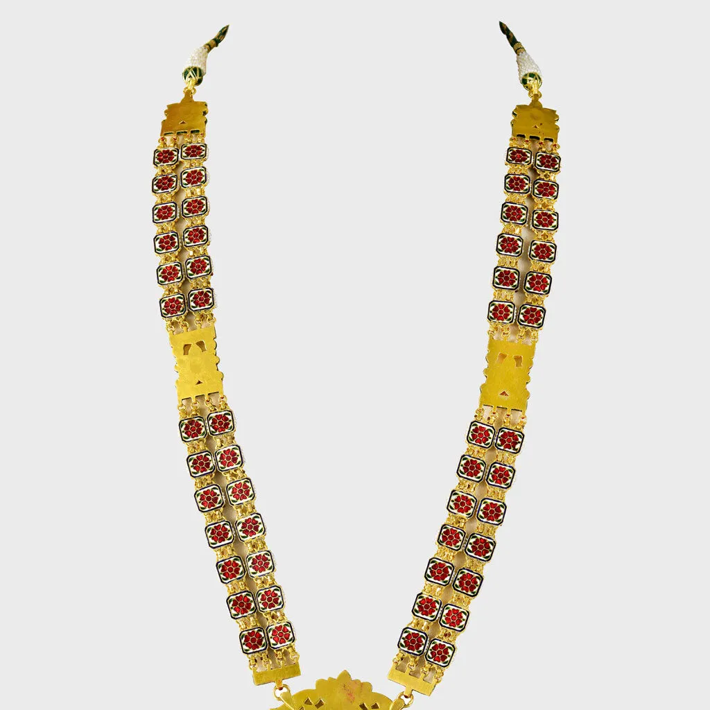 Embrace Tradition: Adorn yourself with our exquisite Green Enameled Rani Haar and Earring Pair - (KMNE3451)