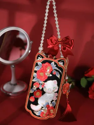 Embroidered Feline Phone Bag