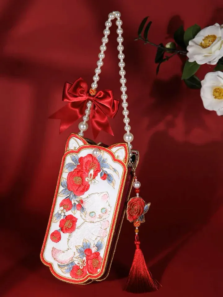 Embroidered Feline Phone Bag