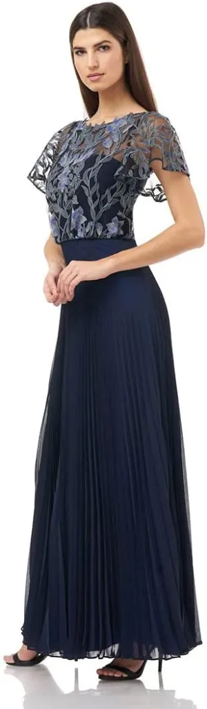 Embroidered Pleat Gown