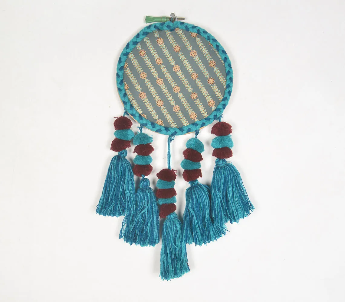 Embroidery hoop Teal tasseled wall hanging