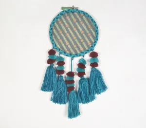 Embroidery hoop Teal tasseled wall hanging
