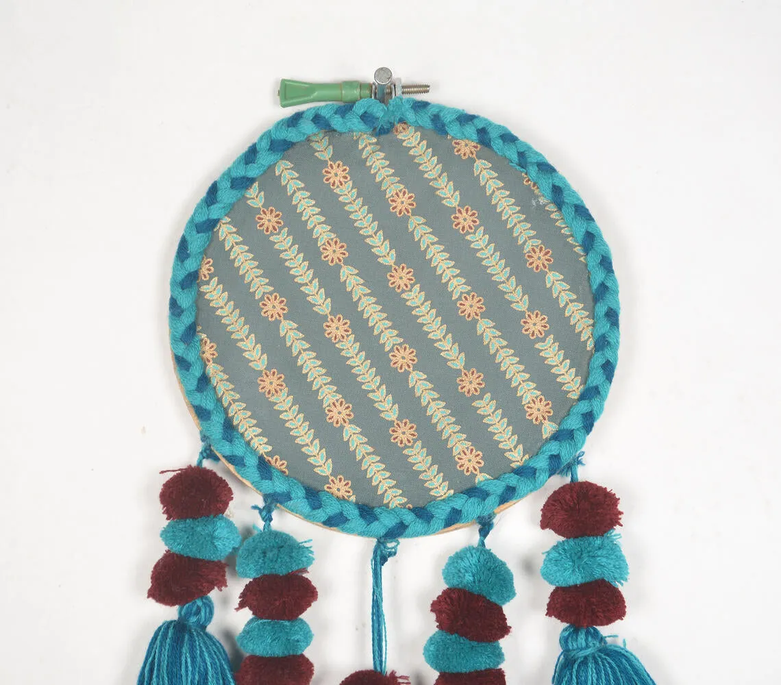 Embroidery hoop Teal tasseled wall hanging