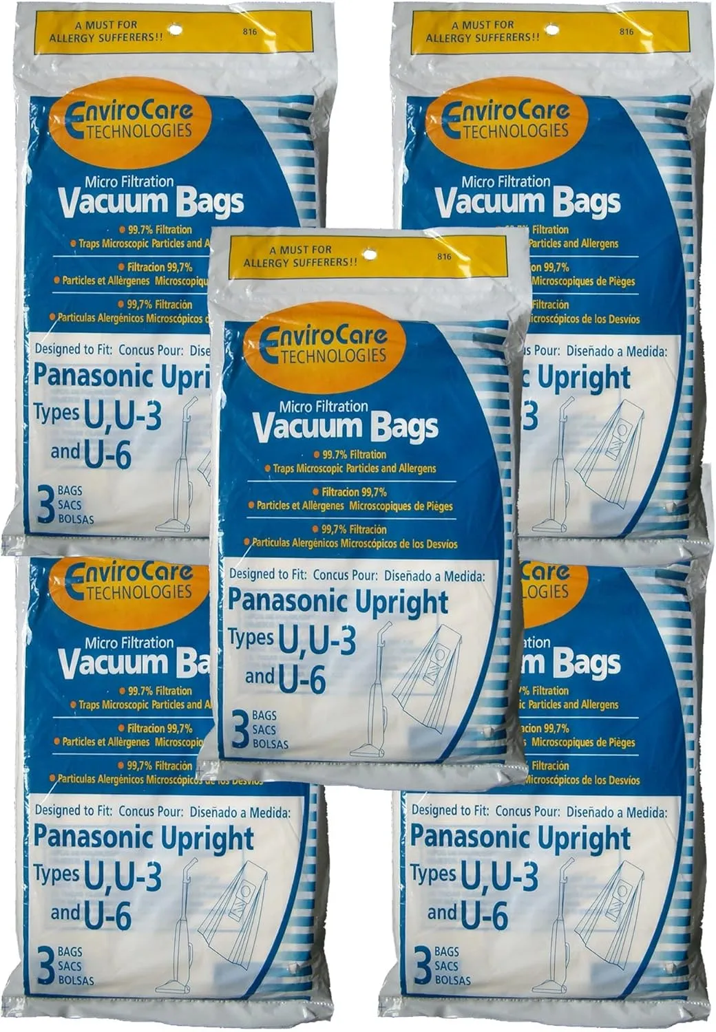 Envirocare Replacement Vacuum Bags Made to Fit Panasonic U, U-3 & U-6 Upright Vacuum Cleaner Bags,15 Pack